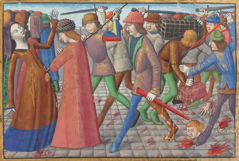 Enluminure : dans une rue pavée, des hommes armés d’épées et de bâtons frappent des passants ; une tête coupée gît à terre