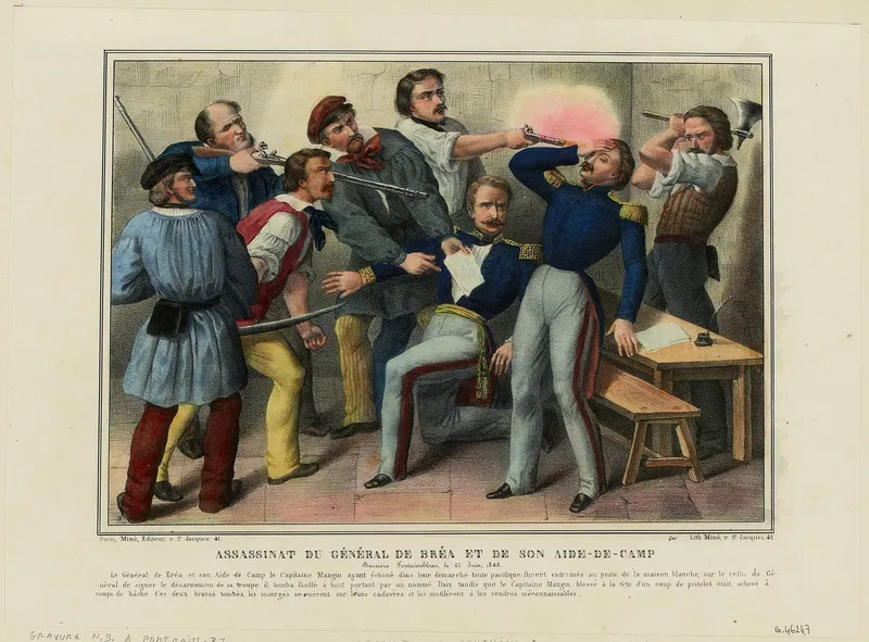 Lithographie coloriée : dans une pièce, des insurgés tirent à bout portant sur un général en uniforme et sur son aide de camp