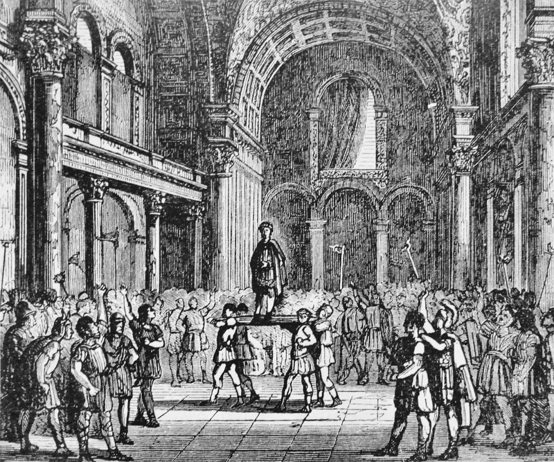 Gravure : dans une vaste salle voûtée, des soldats portent un homme debout sur un bouclier et l’acclament, torches et enseignes levées