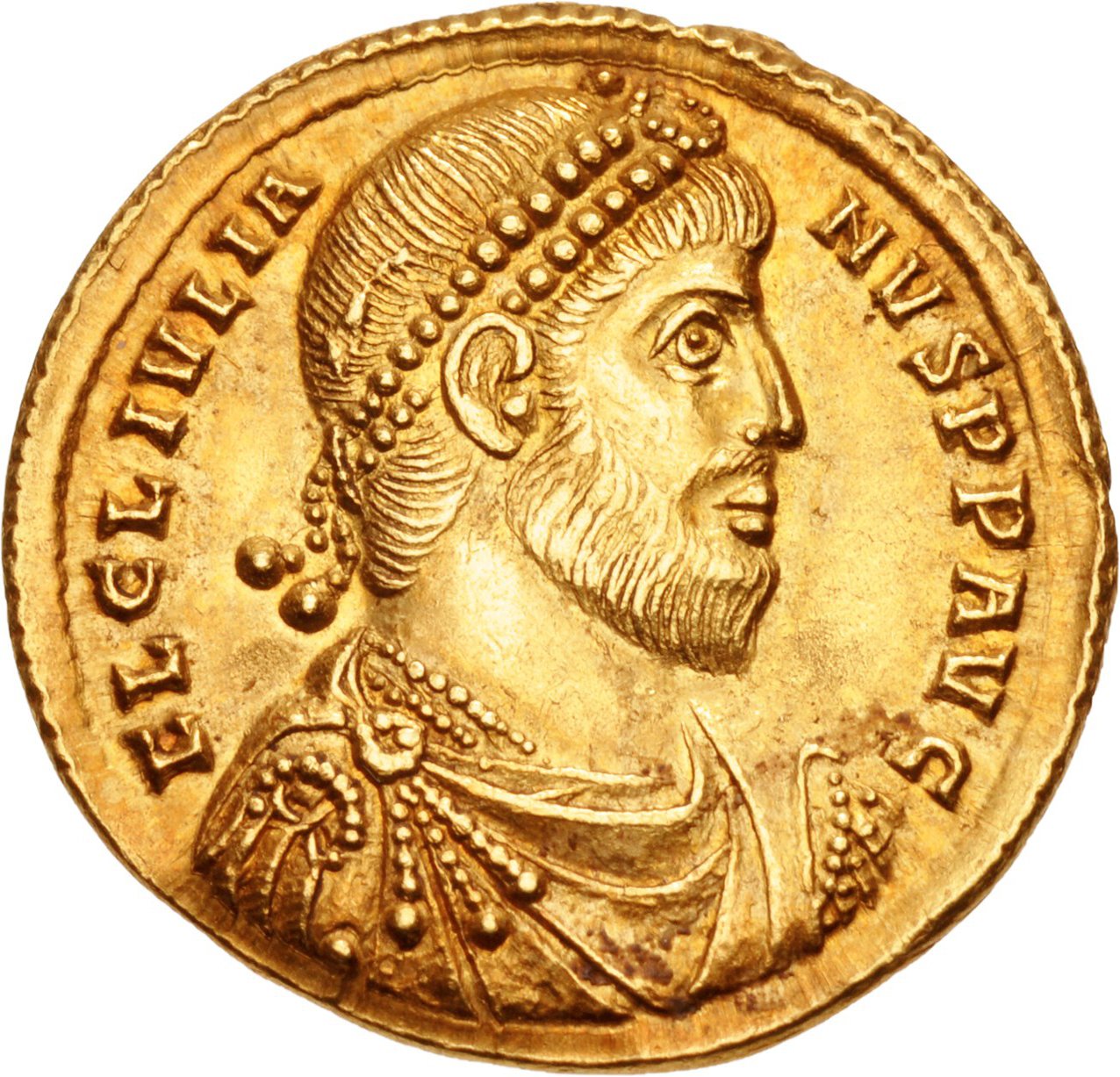 Julien empereur, sur un solidus d’or frappé à Constantinople entre 361 et 363 : il porte de nouveau sa barbe de philosophe — Classical Numismatic Group, CC BY-SA 2.5 (Wikimedia Commons) Pièce d’or : profil barbu de Julien, coiffé d’un diadème de perles, dans l’inscription FL CL IVLIANVS PP AVG