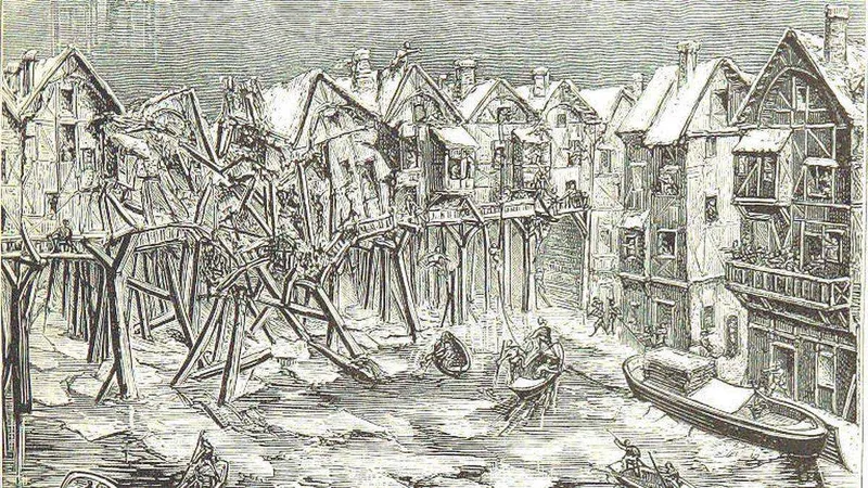 Le pont Marie est emporté par les flots lors de la crue exceptionnelle du 27 février au 6 mars 1658
