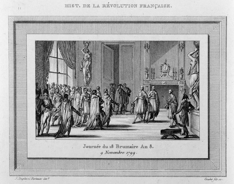 Gravure : des députés en costume et des militaires réunis dans une grande salle ornée de statues et de hautes fenêtres