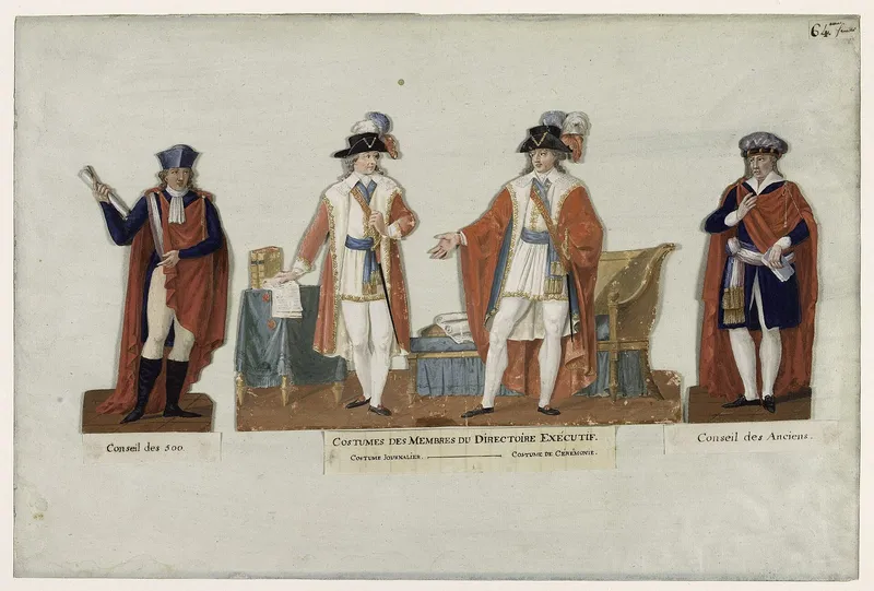 Gravure en couleurs : quatre personnages en costumes officiels, manteaux rouges ou bleus et toques à plumes, de part et d’autre d’une table