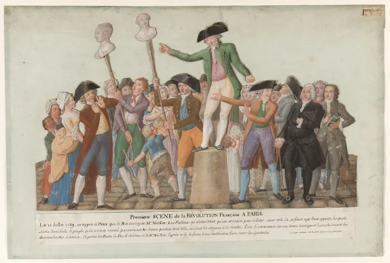 Les bustes de Necker et du duc d'Orléans promenés dans Paris par des manifestants
