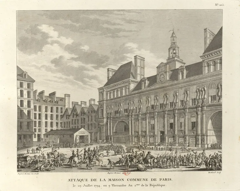 Gravure : troupes, cavaliers et canons devant la façade de l’Hôtel de Ville
