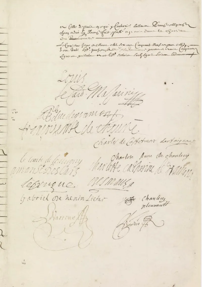 Louis XIV et Mazarin signent le contrat de mariage de Charles de Baatz-Castelmore, le vrai d'Artagnan
