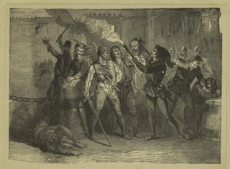 Gravure : à la lueur des torches, des hommes armés brandissent une tête près d’un corps étendu