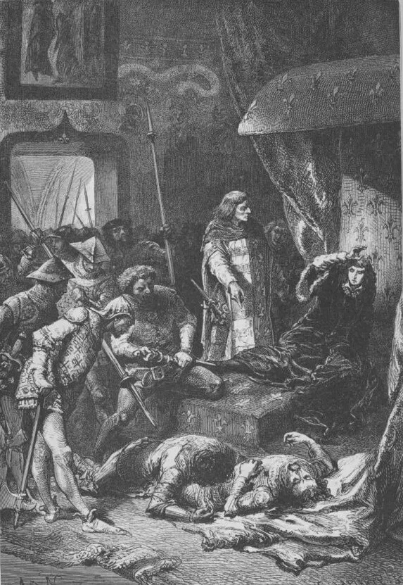 Gravure : au milieu de cadavres, un homme coiffe un jeune prince d’un chaperon