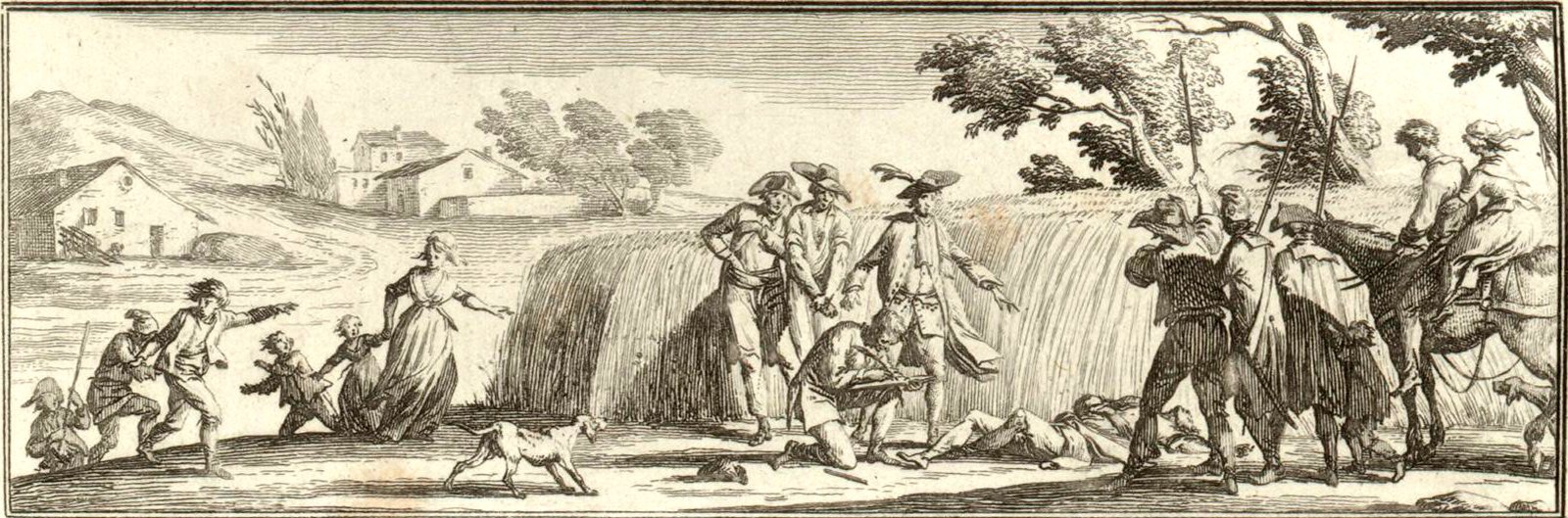 La découverte du corps de Roland près de la route de Paris à Rouen, gravure de Le Vachez d’après Jean Duplessis-Bertaux — domaine public — Wikimedia Commons Gravure en frise : dans la campagne, au bord d’une route, des paysans accourent vers le corps de Roland étendu à terre