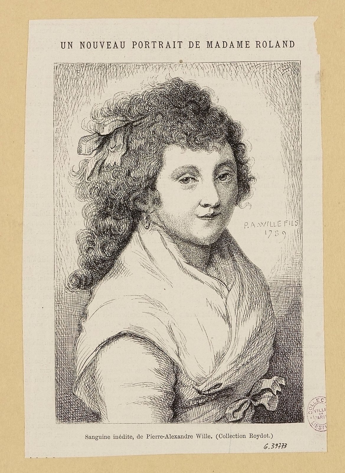 Mme Roland, d’après une sanguine de Pierre-Alexandre Wille (musée Carnavalet) — Paris Musées · CC0 — Wikimedia Commons Gravure d’après une sanguine : Mme Roland de trois quarts, cheveux bouclés en désordre, fichu noué sur la poitrine, sous le titre « Un nouveau portrait de Madame Roland »
