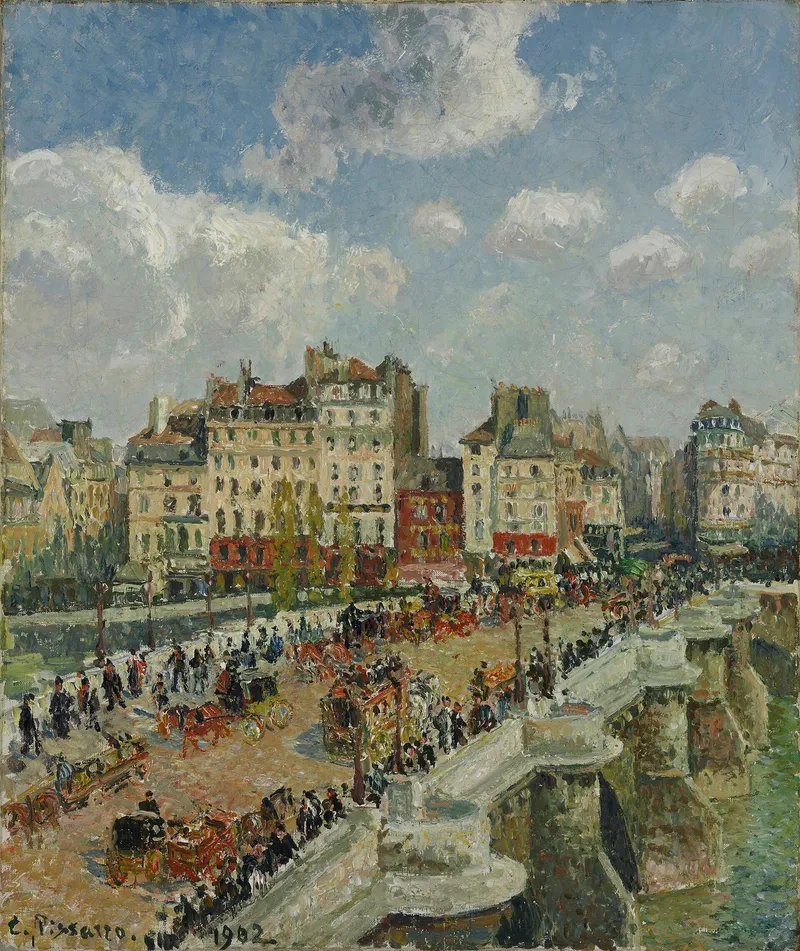 Peinture : le Pont-Neuf vu d'en haut, chargé de passants et de voitures, les façades des quais et un ciel de nuages