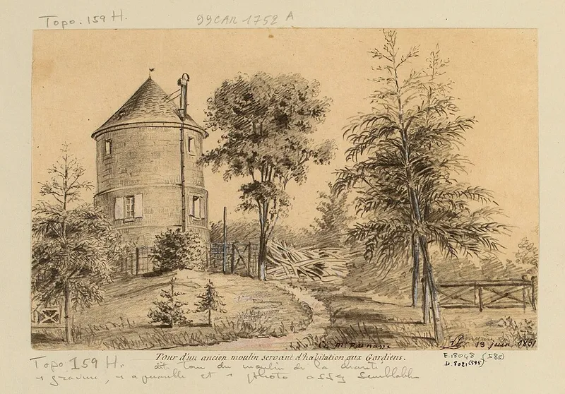 Un ancien moulin servant d'habitation aux gardiens au cimetière Montparnasse, Léon Leymonnerye Léon, 1851, Wikimedia