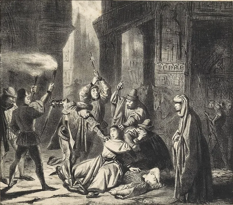 Lithographie : de nuit, à la lueur des torches, des hommes armés frappent le duc tombé à terre