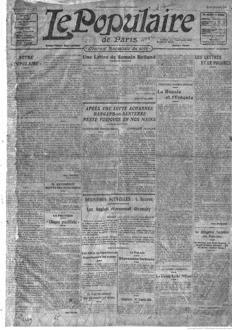 Parution du premier numéro du quotidien des Socialistes minoritaires