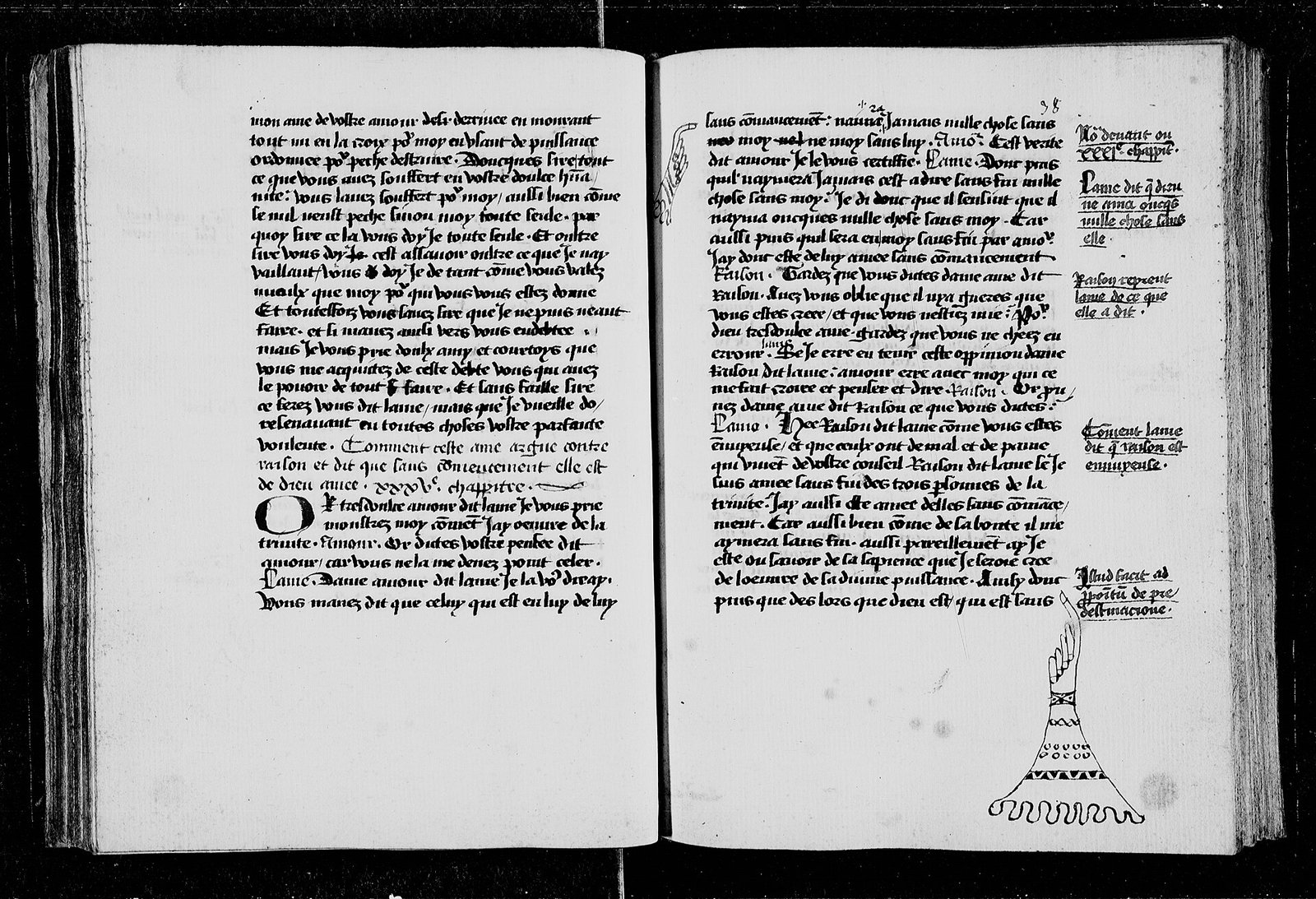 Le Miroir des simples âmes dans la copie en français du musée Condé, à Chantilly (ms. 157, f. 37v-38r), où dialoguent l’Amour, la Raison et l’Âme — Musée Condé, Chantilly ; microfilm CNRS-IRHT — domaine public (Wikimedia Commons) Manuscrit ouvert : deux pages d’écriture gothique, avec des notes dans la marge