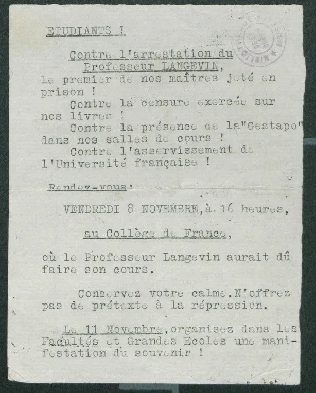 Tract dactylographié appelant à manifester