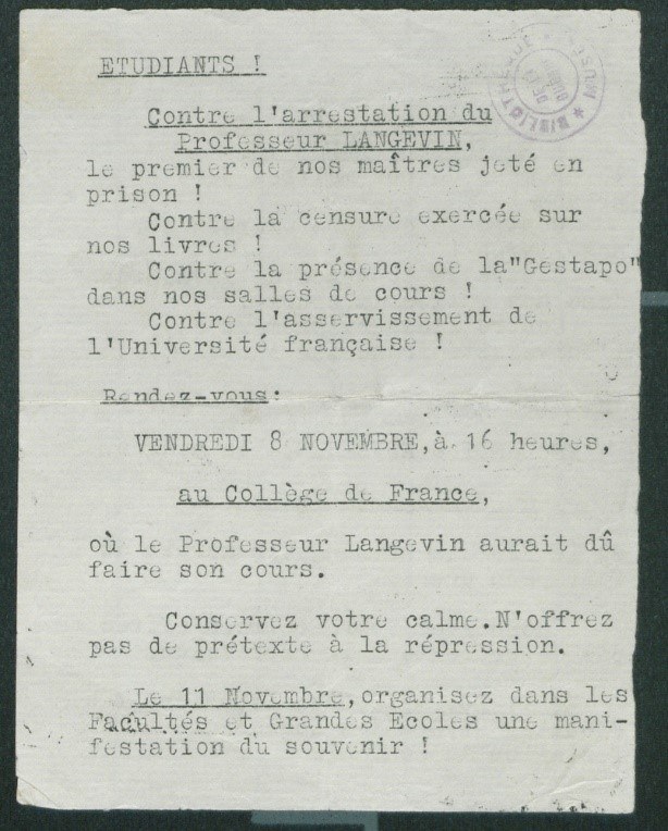 Tract dactylographié appelant à manifester