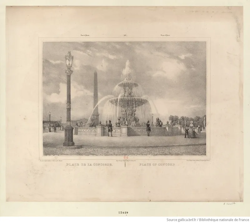 Paris essaie l'éclairage électrique place de la Concorde en posant une lampe à arc sur les genoux d'une statue de Lille