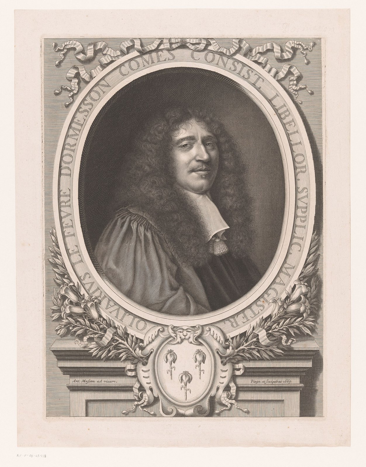 Gravure : portrait d’Olivier Lefèvre d’Ormesson, magistrat en robe et rabat, dans un médaillon ovale au-dessus de ses armes