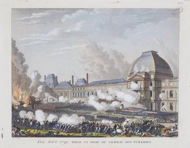 Gravure coloriée : assaut du château des Tuileries dans la fumée des canons