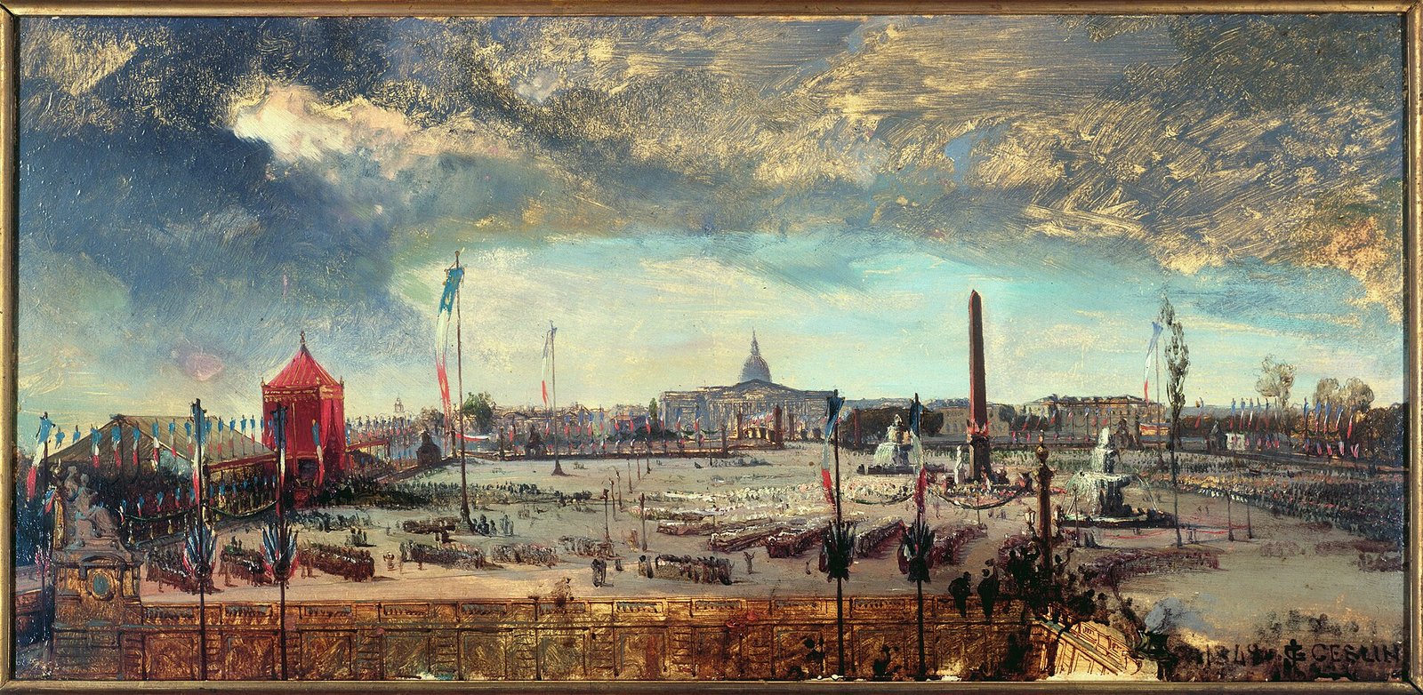 Promulgation de la Constitution, place de la Concorde, le 12 novembre 1848, par Jean-Charles Geslin (musée Carnavalet) — Jean-Charles Geslin · Paris Musées · CC0 — Wikimedia Commons Peinture : la place de la Concorde pavoisée, l’obélisque au centre, un dais rouge et des tribunes devant les Tuileries, sous un ciel d’orage doré