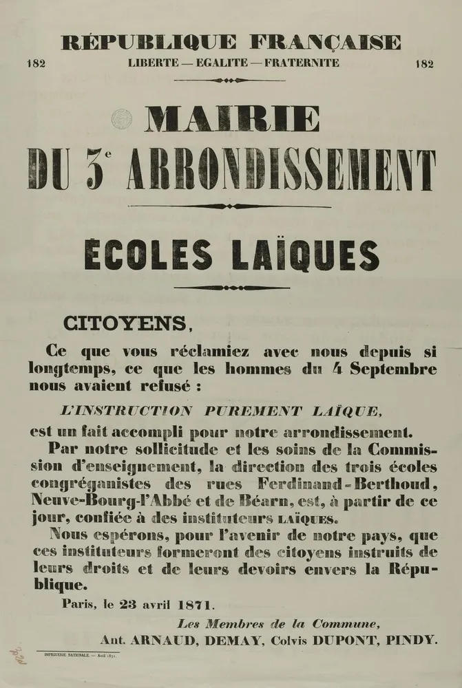 Projet d'ouverture de la première école confiée à des instituteurs laïques