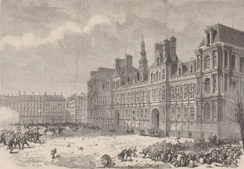 Gravure : sur la place enneigée devant l’Hôtel de Ville, la foule fuit sous les tirs