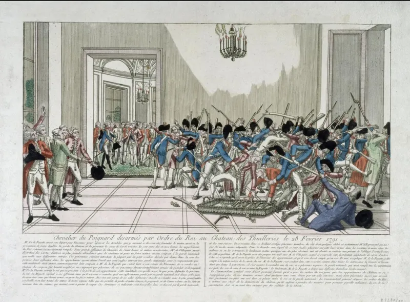 Rassemblement de 400 nobles qui tentent de désarmer la Garde nationale pour "libérer" Louis XVI