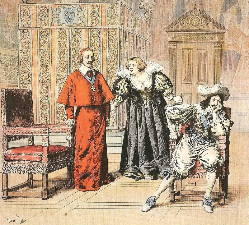 Illustration en couleurs : Marie de Médicis, furieuse, entre le cardinal de Richelieu, debout en robe rouge, et Louis XIII assis, la main au visage