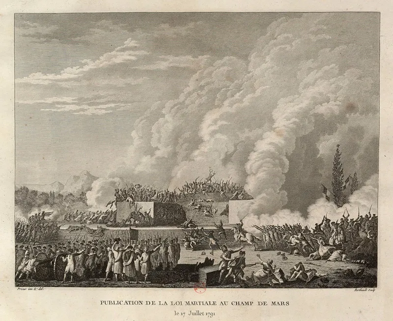 Gravure : dans la fumée des coups de feu, la garde nationale tire sur la foule massée autour de l’autel de la patrie, au milieu du Champ-de-Mars