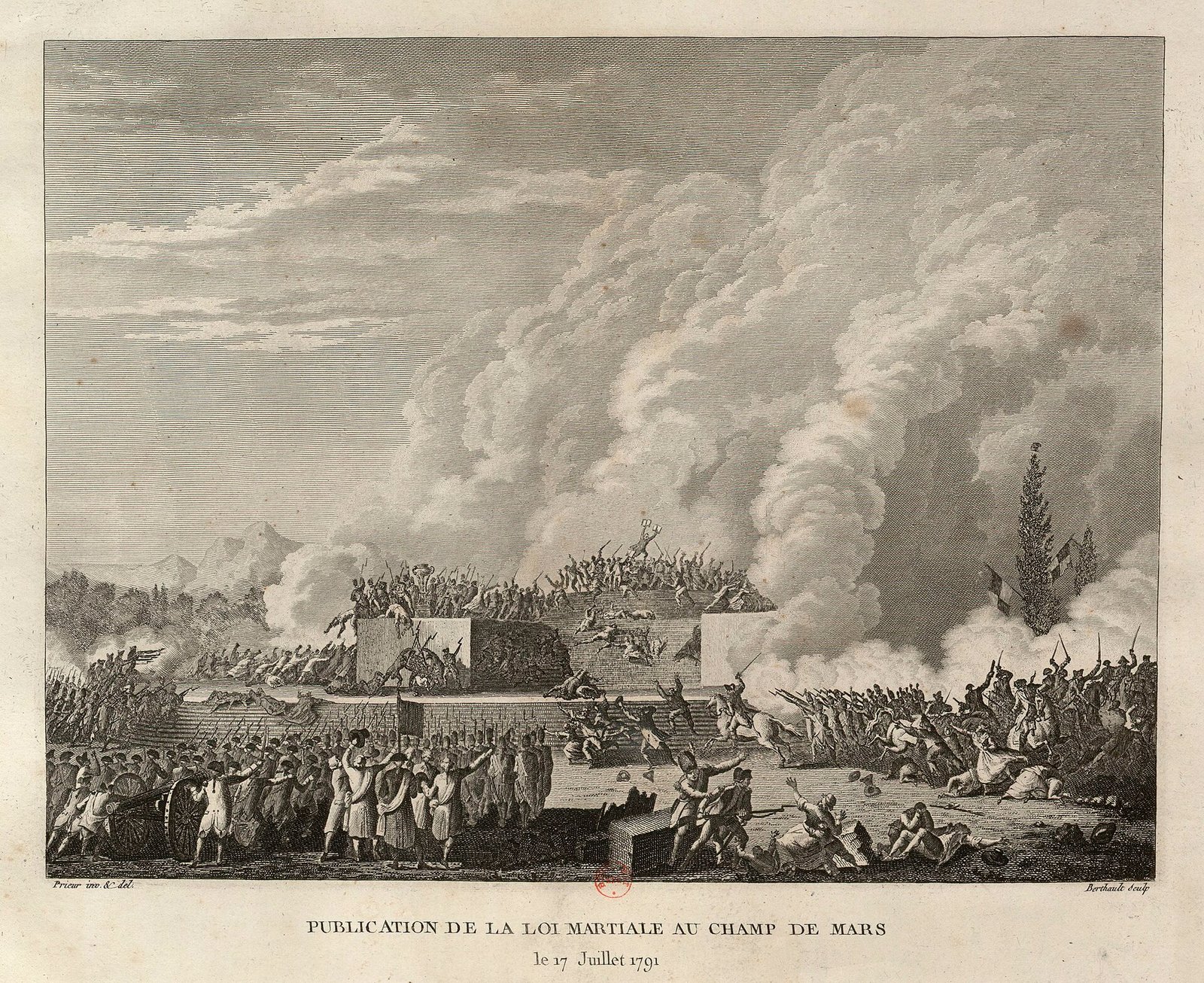 Gravure : dans la fumée des coups de feu, la garde nationale tire sur la foule massée autour de l’autel de la patrie, au milieu du Champ-de-Mars