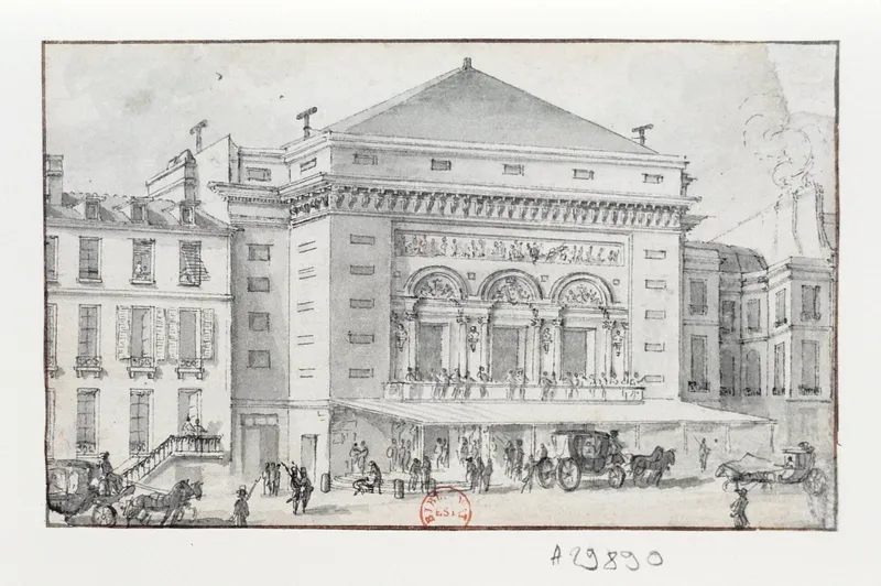 Dessin : la façade du théâtre de la Porte-Saint-Martin, avec ses trois grandes arcades, et des voitures à cheval sur le boulevard