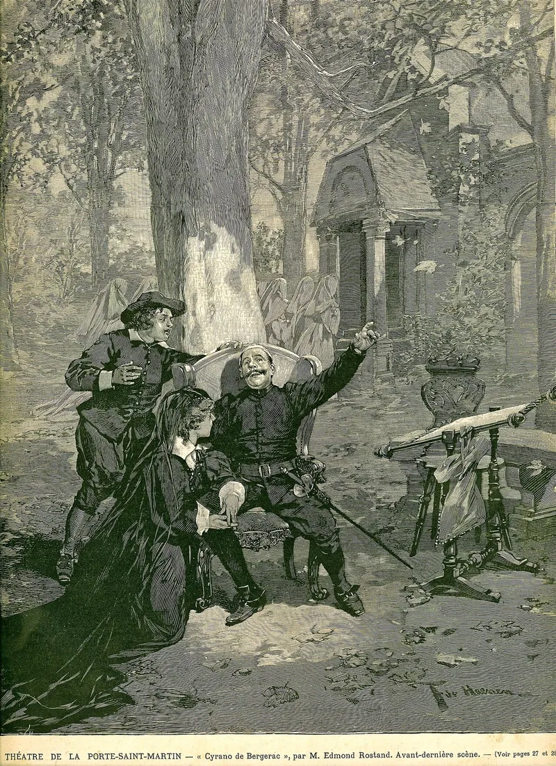 Gravure : Cyrano assis dans un fauteuil sous un grand arbre, le bras levé, Roxane agenouillée près de lui