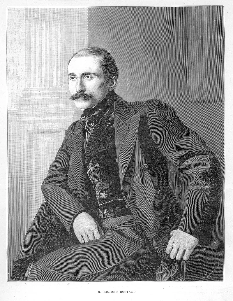 Gravure : portrait d'Edmond Rostand, moustache relevée, en redingote