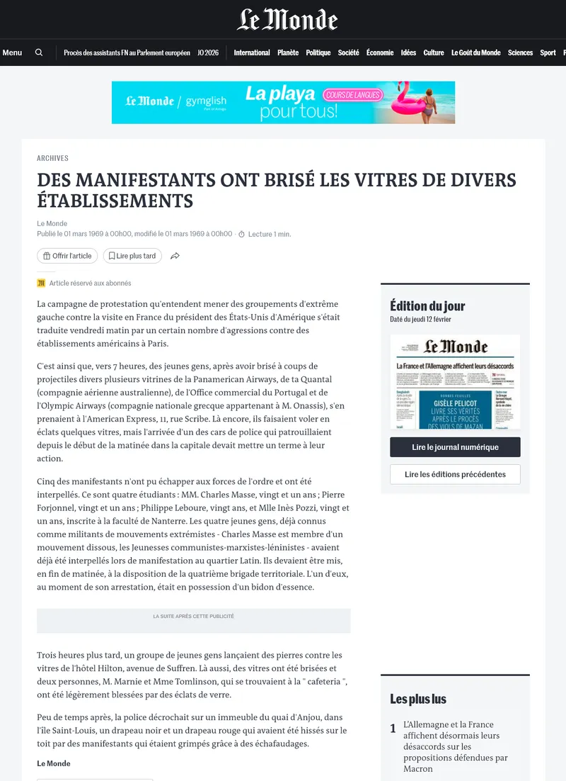 Saccage de l'American Express par des militants de la Gauche Prolétarienne à l'occasion d'une visite du président Nixon