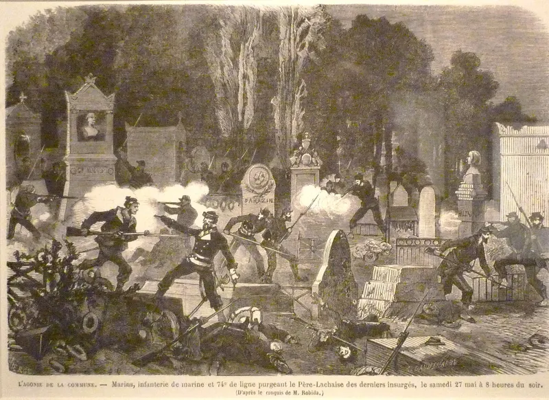 Gravure : combat entre les tombes du Père-Lachaise