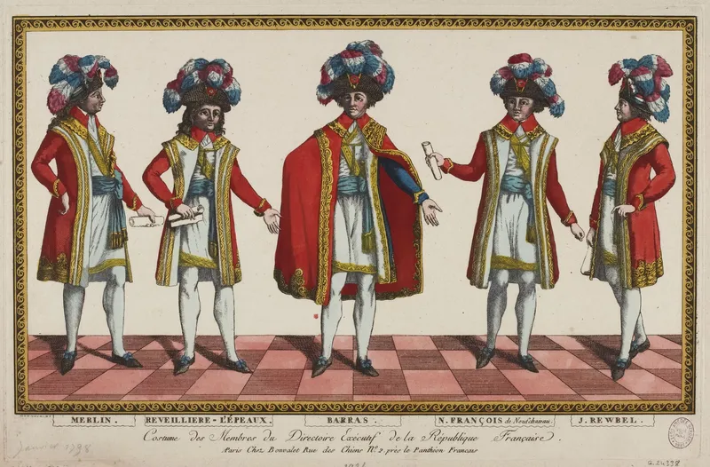Estampe coloriée : cinq hommes en manteau rouge brodé, écharpe et toque à plumes tricolores, debout sur un dallage à damier, sous leurs noms : Merlin, Révellière-Lépeaux, Barras, François de Neufchâteau, Rewbel