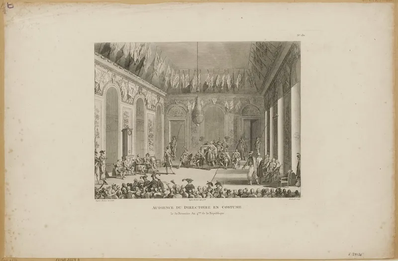 Gravure : une grande salle aux murs ornés de glaces et de lustres, où les directeurs en costume, assis sur une estrade, reçoivent une foule en habits