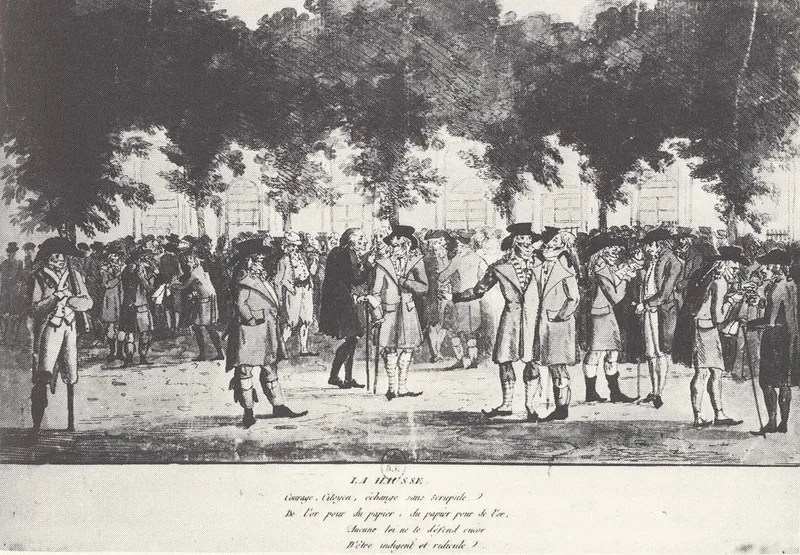 Estampe : sous les arbres d’un jardin, une foule d’hommes en redingote et chapeau discute et échange des papiers, au-dessus d’un quatrain intitulé « La Hausse »