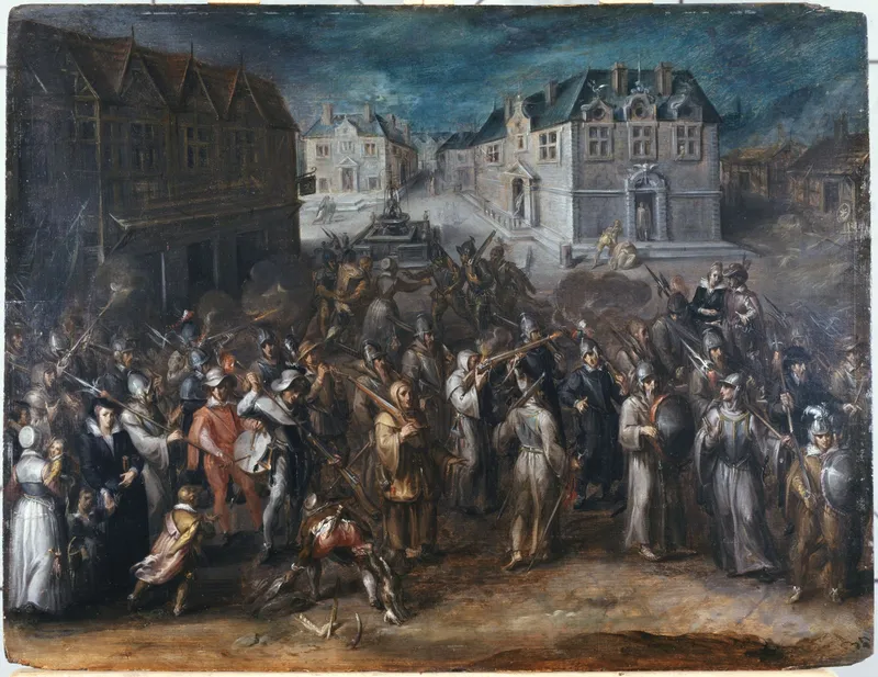 Peinture : dans une rue de Paris, une procession de moines et de bourgeois en armes, casques, piques et arquebuses, précédée d'un tambour