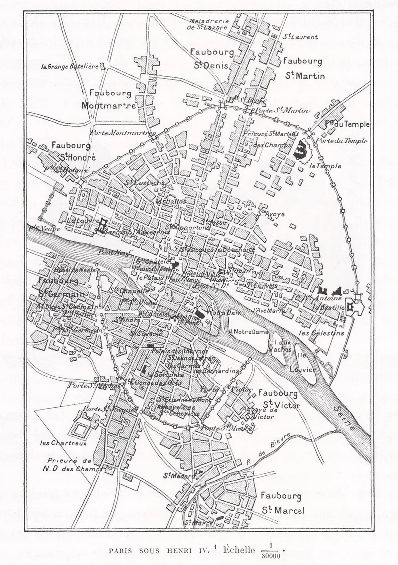 Plan de Paris vers 1600 : la ville dans ses murs, et hors de l'enceinte de la rive gauche les faubourgs Saint-Germain, Saint-Jacques, Saint-Victor et Saint-Marcel
