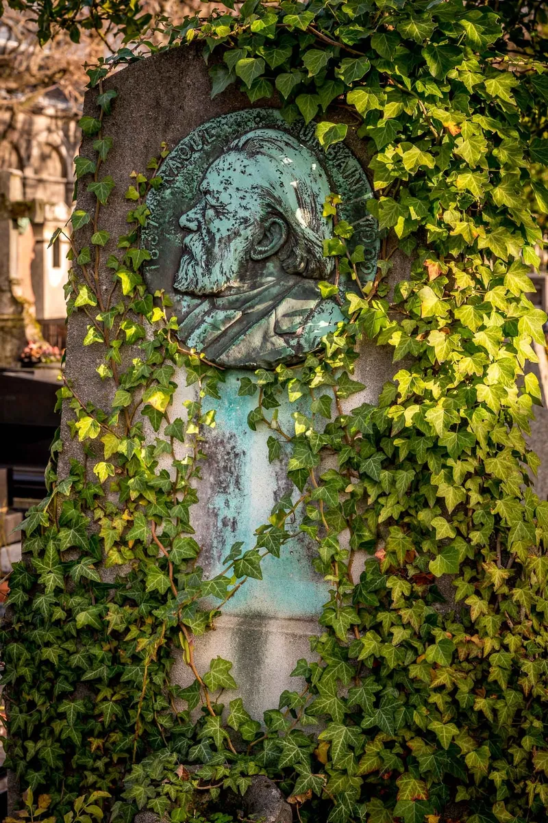 Photographie : le médaillon de bronze à l'effigie de Raoul Urbain, entouré de lierre