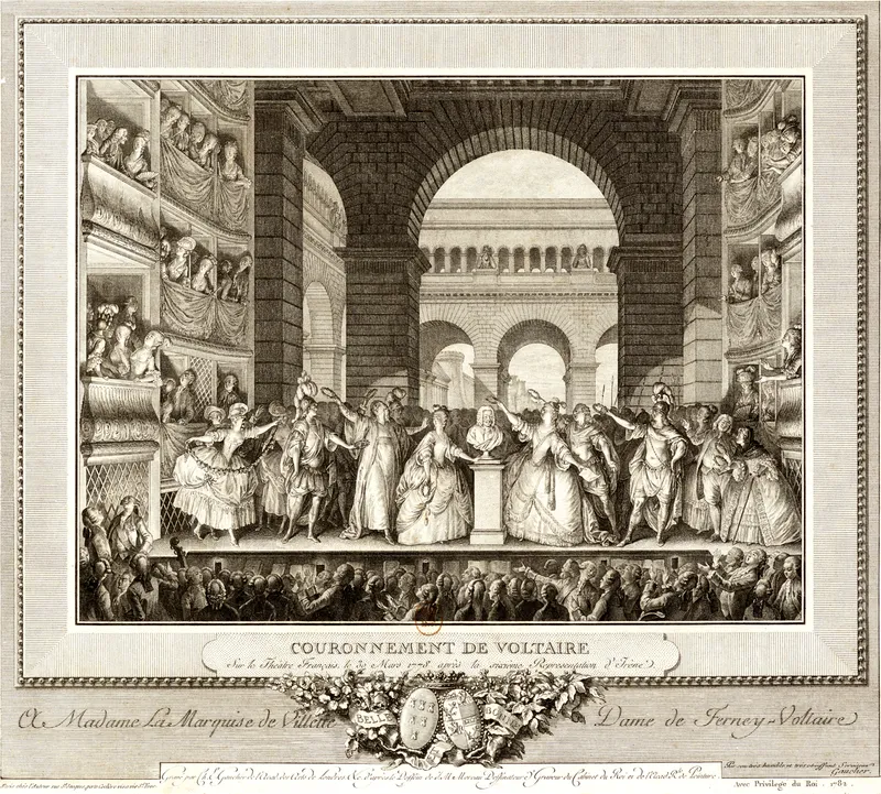 Triomphe de Voltaire, deux mois avant sa mort, pour la représentation de sa pièce "Irène"