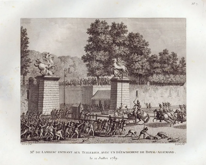 Gravure : des cavaliers, sabre levé, franchissent l’entrée du jardin des Tuileries, entre deux piliers surmontés de statues équestres, et chargent la foule
