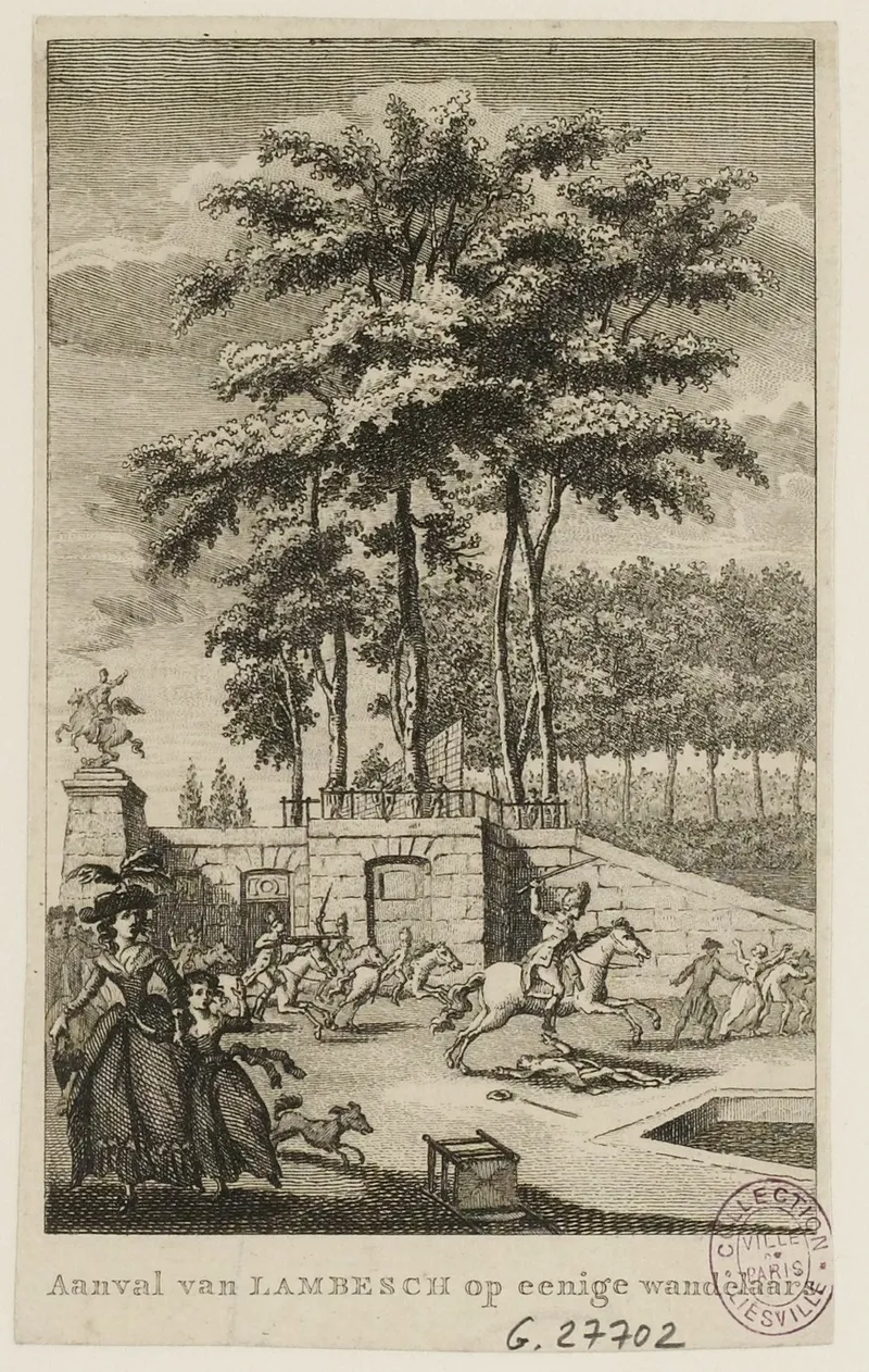Petite gravure : sous les arbres d’un jardin, un cavalier fond sur un homme à terre ; au premier plan, une femme et un enfant s’enfuient