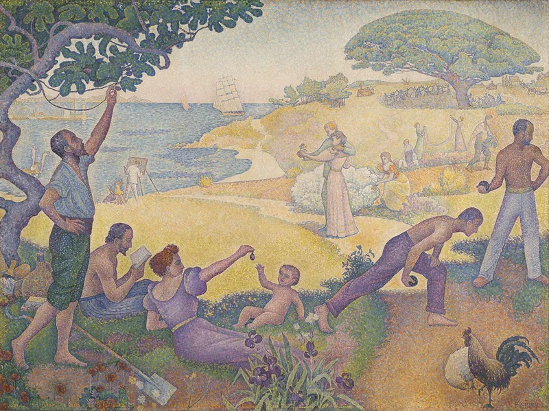 Paul Signac, Au temps d’harmonie (1893-1895), d’abord intitulé Au temps d’anarchie : au bord de la mer, sous les pins, des hommes et des femmes se reposent, dansent et cueillent des fruits