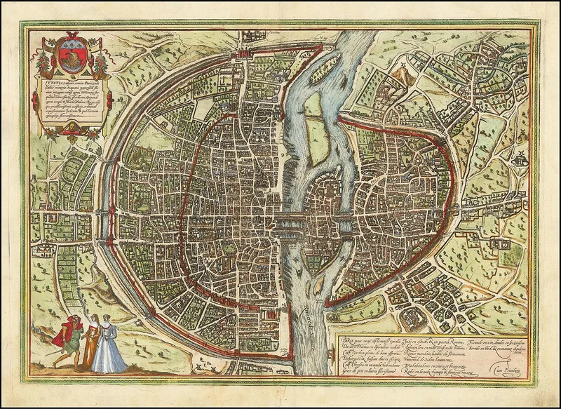 Plan de Paris vers 1569 de Braun & Hogenberg,  avec les enceintes de Philippe-Auguste et de Charles V