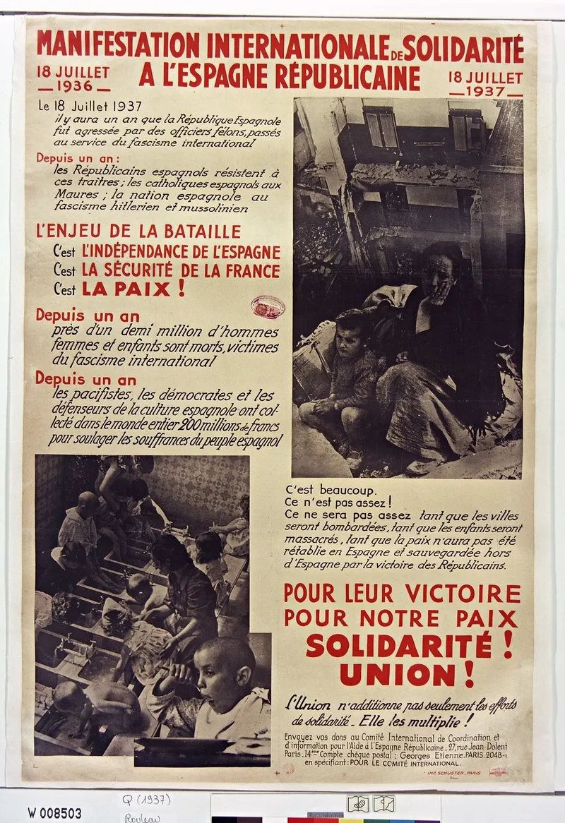 Affiche « Manifestation internationale de solidarité à l’Espagne républicaine », 18 juillet 1937 : photographies de civils et d’enfants, et l’appel « Solidarité ! Union ! »