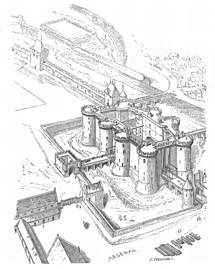 La Bastille de Charles V — A : tour du Coin ; B : tour de la Chapelle ; C : tour du Trésor ; D : tour de la Comté ; E : tour de la Bazinière ; F : tour de la Bertaudière ; G : tour de la Liberté ; H : tour du Puits ; I : salle du Conseil ; J : bibliothèque