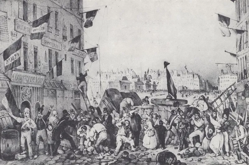 Barricade en 1830, à l'entrée de la rue Dauphine